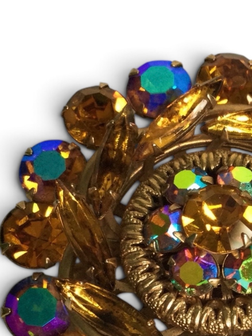 Vintage Amber & AB Crystal Rhinestone Layered Domed Cluster Brooch - Picture 6 of 13